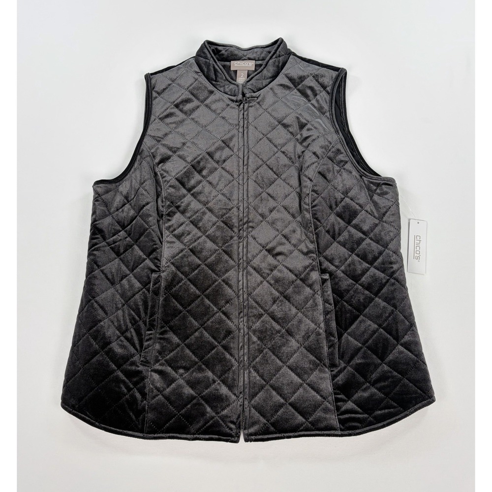 Chico's Women's 2 Large Black Quilted Velvet Full Zip Sleeveless Pocket Vest New